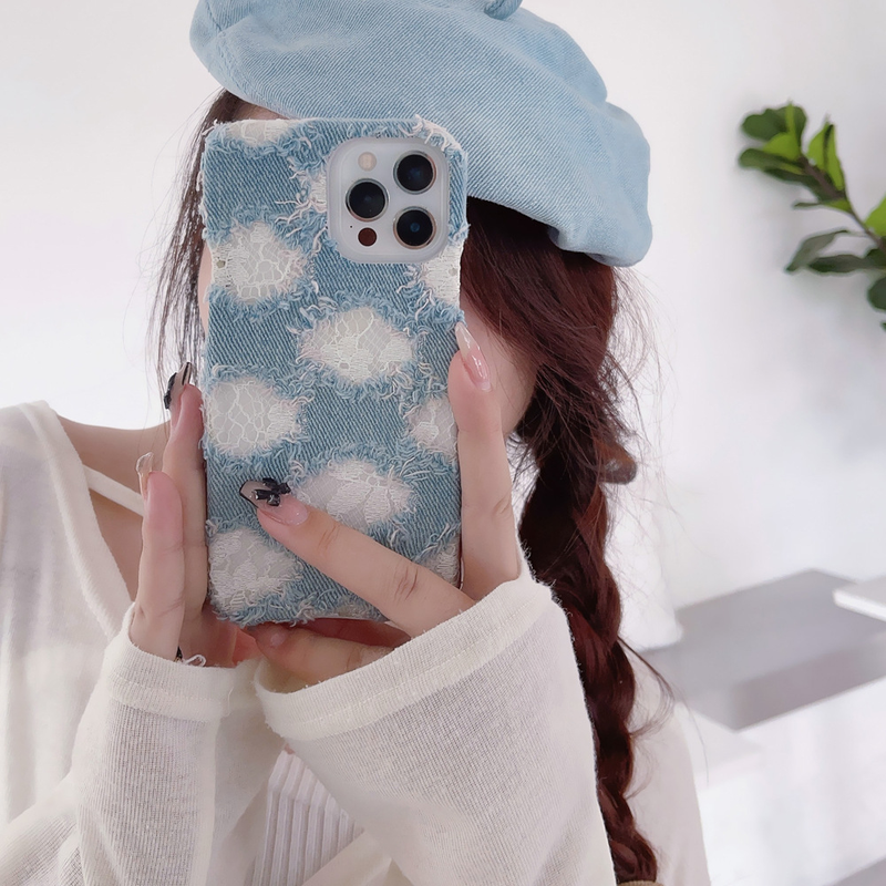 Capa de celular estilo coreano em tecido jeans adequada para iPhone 14 13 Pro Max, modelo feminino criativo 12 com renda 11_voghion.com