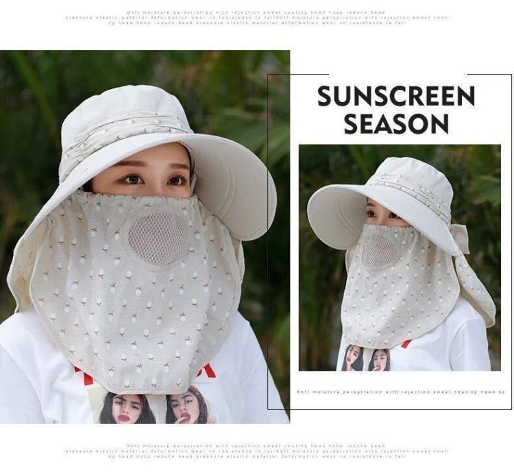 UV Protection Tea Picking Cycling Women's Face Covering Breathable Wide Brim Summer Mask Versatile Cool Sun Hat Travel_voghion.com