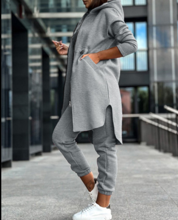 Zweiteiliges Set mit modischem, lässigem Kapuzen-Fleece-Hoodie-Mantel für Damen_voghion.com