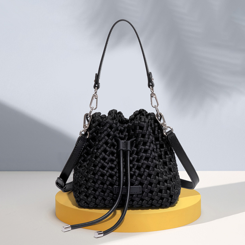 New Silk Woven Bucket Fashion Trend Handbag High-end Versatile Mini Casual Shoulder Crossbody Bag_voghion.com