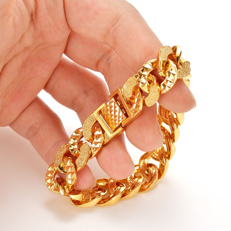 Vergoldetes Sandgold, breite Version, flaches Armband, NK-kubanische Kette, modischer Herrenschmuck_voghion.com