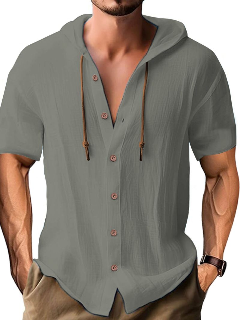 Cardigan in lino e cotone tinta unita CT, alla moda, versatile, leggero, casual, a maniche corte, con cappuccio da uomo_voghion.com
