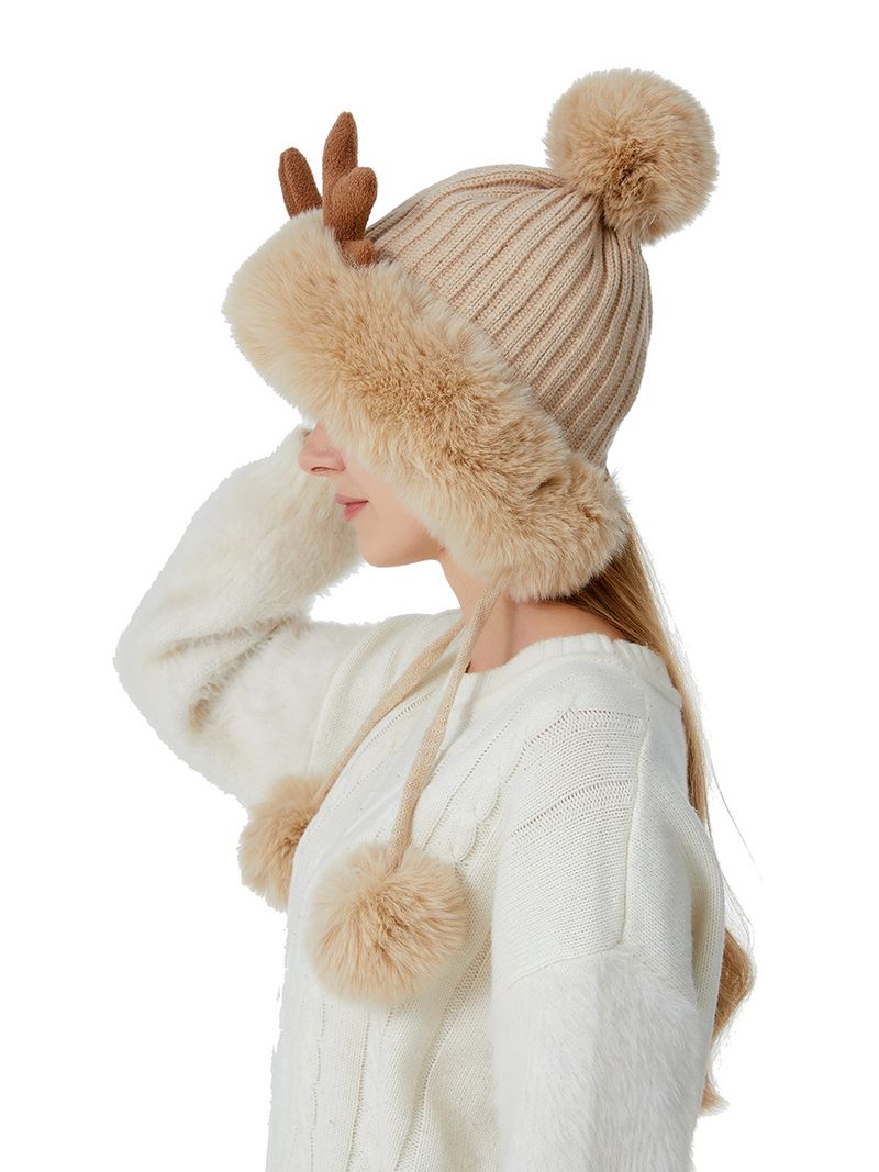 Nuovo cappello casual alla moda con tre pompon in corna di cervo lavorato a maglia per autunno inverno e caldo foderato in pile_voghion.com