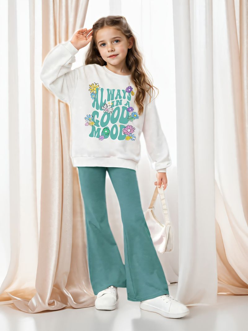 Mamm & Kanner INS Meedercher Meedercher Blummen- a Sloganmuster Pullover mat ofgeklappter Schëller an ausgeklappter Hosen Zwee-Stéck-Set_voghion.com