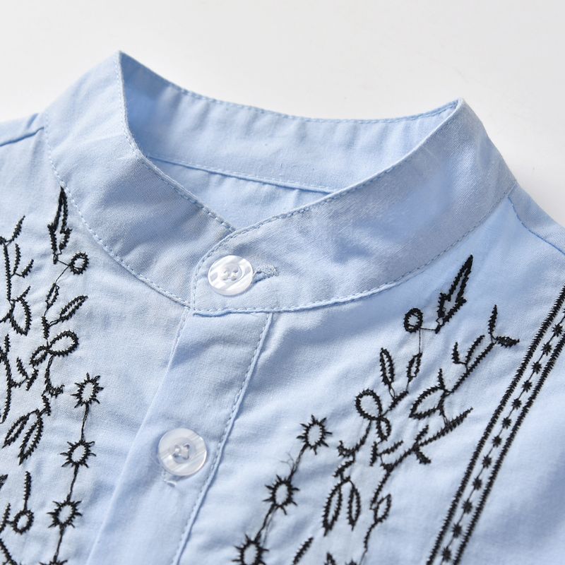 Mother&Kids Camicia da bambino in cotone a maniche corte con colletto rialzato ricamato. Cardigan a maniche corte per bambini_voghion.com