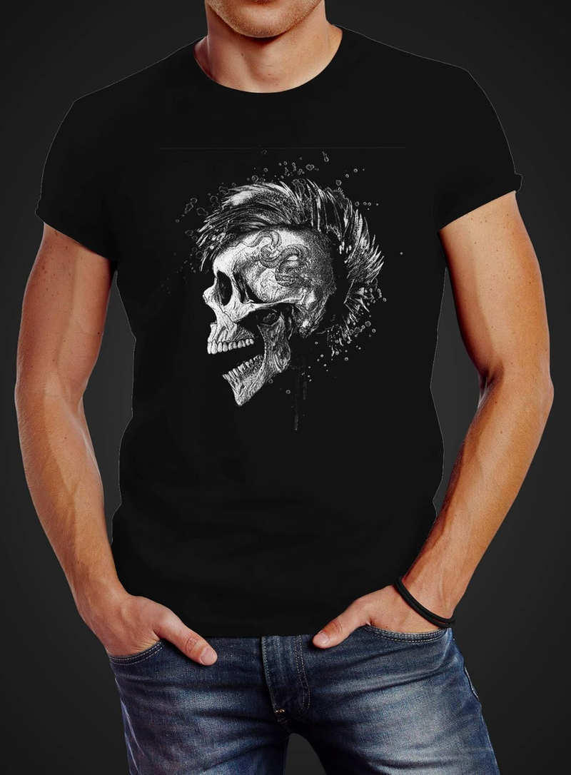 Herren T-Shirt Punk Mohawk Totenkopf Shirt Slim Fit_voghion.com