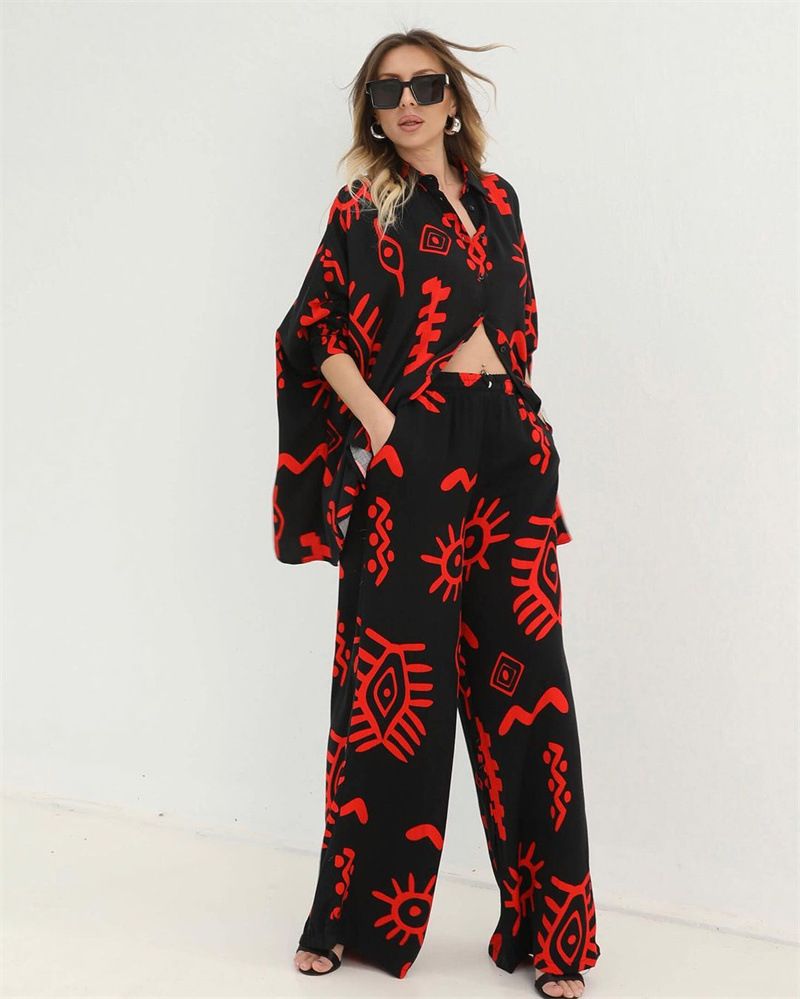 Abbigliamento da donna spot abbigliamento da donna 2024 nuova moda top larghi stampati con lacci pantaloni a vita alta gamba larga set due pezzi_voghion.com