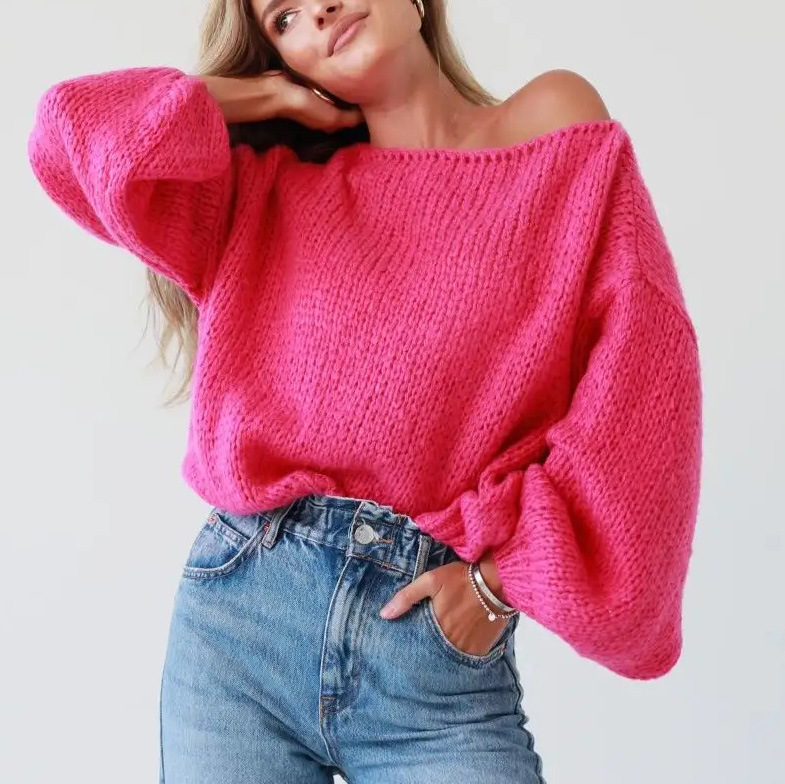 Women's autumn and winter new women's sexy one-line collar off-shoulder solid color loose knitted pullover sweater_voghion.com