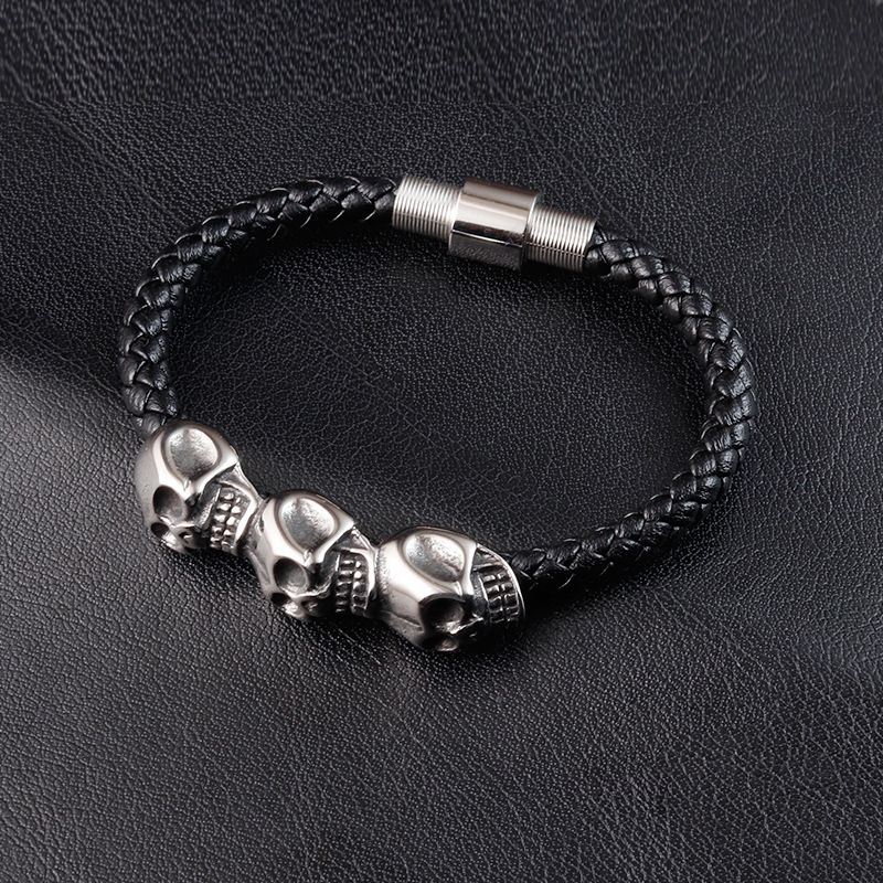 Bracciale da uomo creativo punk alla moda con teschio in acciaio inossidabile, chiusura magnetica, pelle intrecciata, testa di fantasma L20197_voghion.com