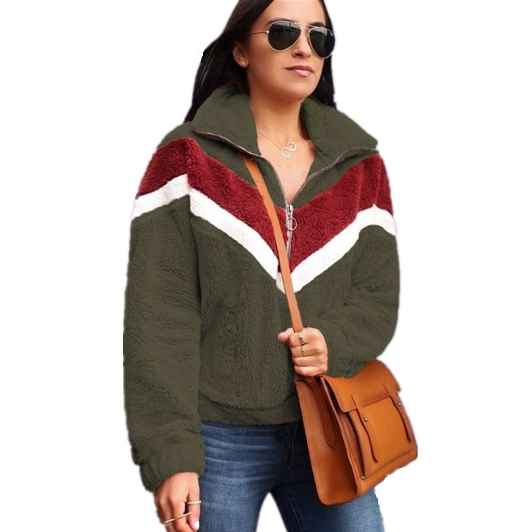 Modna damska bluza polarowa z kapturem i zamkiem błyskawicznym, z geometrycznym wzorem patchworkowym – przytulny zimowy sweter do noszenia na co dzień i do biura_voghion.com