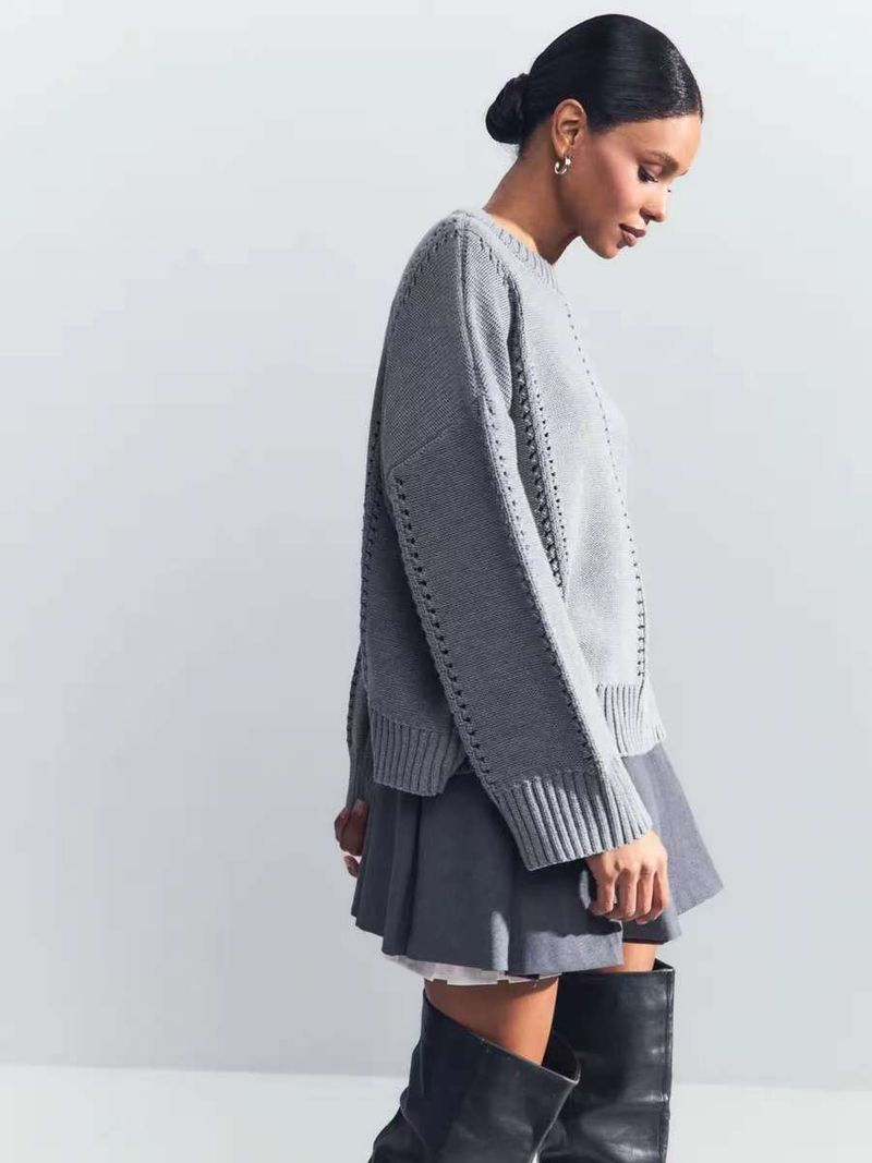 Breathable Knit Sweater Women's Oversized Loose Fit Round Neck Lace Crochet Pullover Top - Soft Acrylic Polyester Blend Yarn_voghion.com