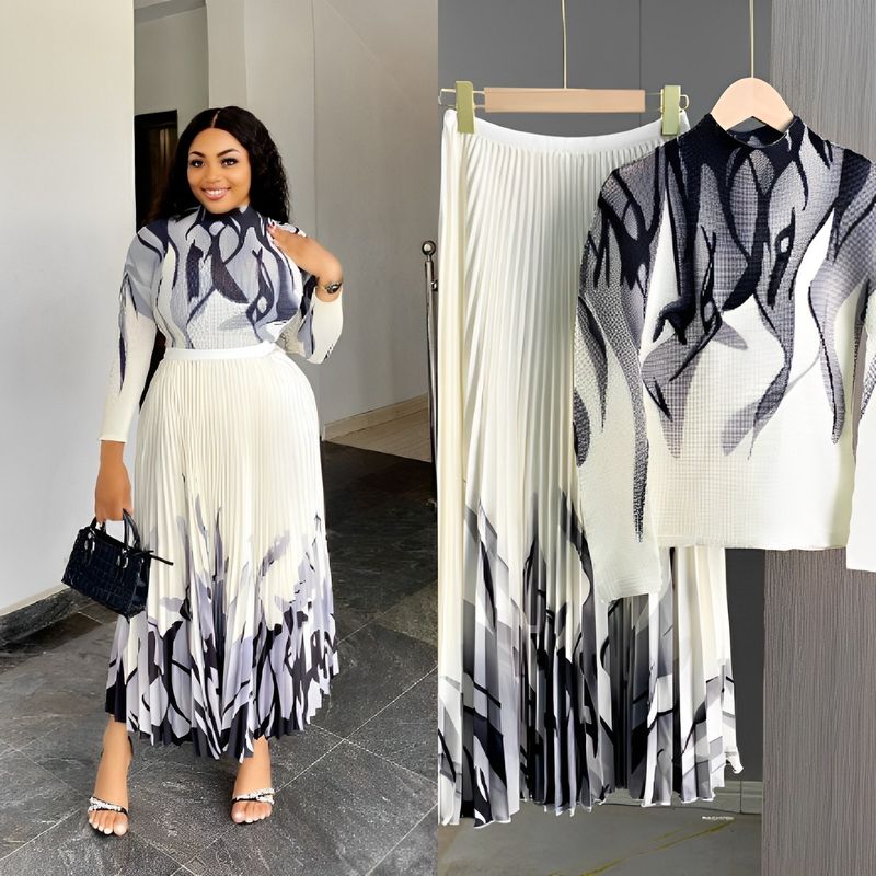 Ensemble élégant avec robe plissée et motif ondulé - Tenue deux pièces élégante pour femme, tenue de bureau et tenue décontractée_voghion.com