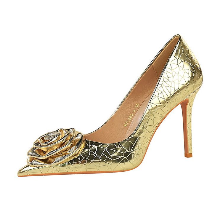 1983-H56 Banquet Women's Shallow Mouth Sharp Head Wind Metal Stone Pattern Flower Ultra High Heels Single Shoes_voghion.com