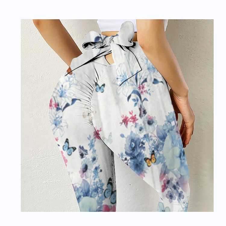 Pantaloni da yoga da yoga da donna con stampa multicolore antirughe sull'anca, dimagranti a vita alta, con fiocco elasticizzato_voghion.com