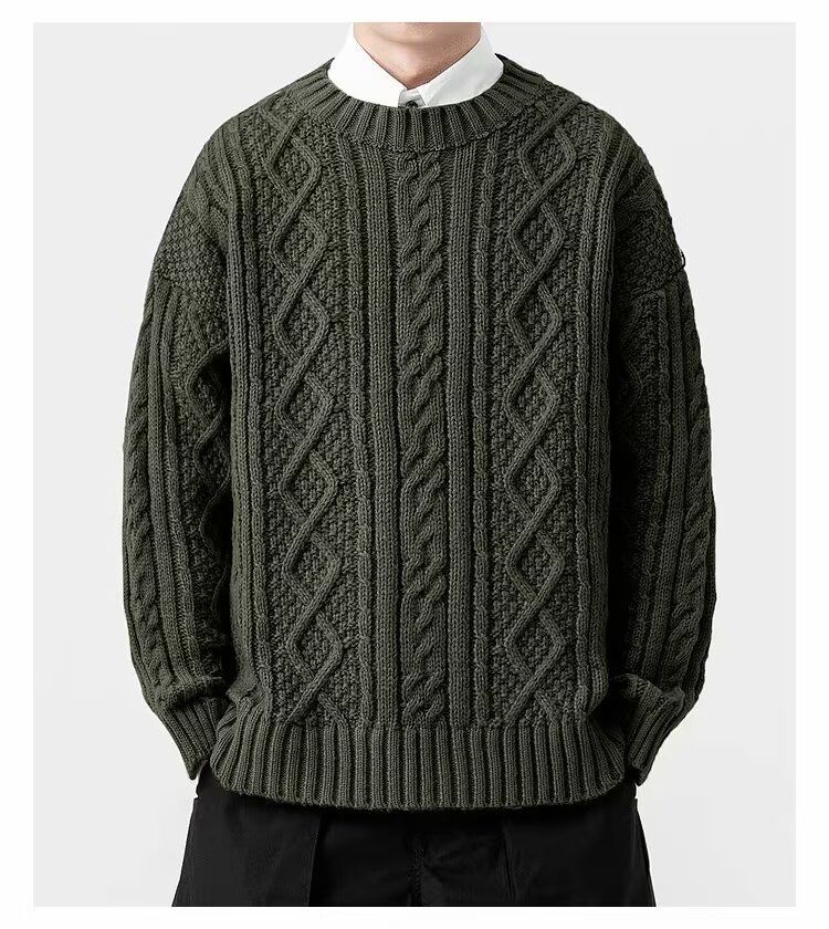 Men's Clothing Men's Cable Knit Sweater - Textured Crewneck Pullover (Black/Beige/Grey/Green, M-XXXL)_voghion.com