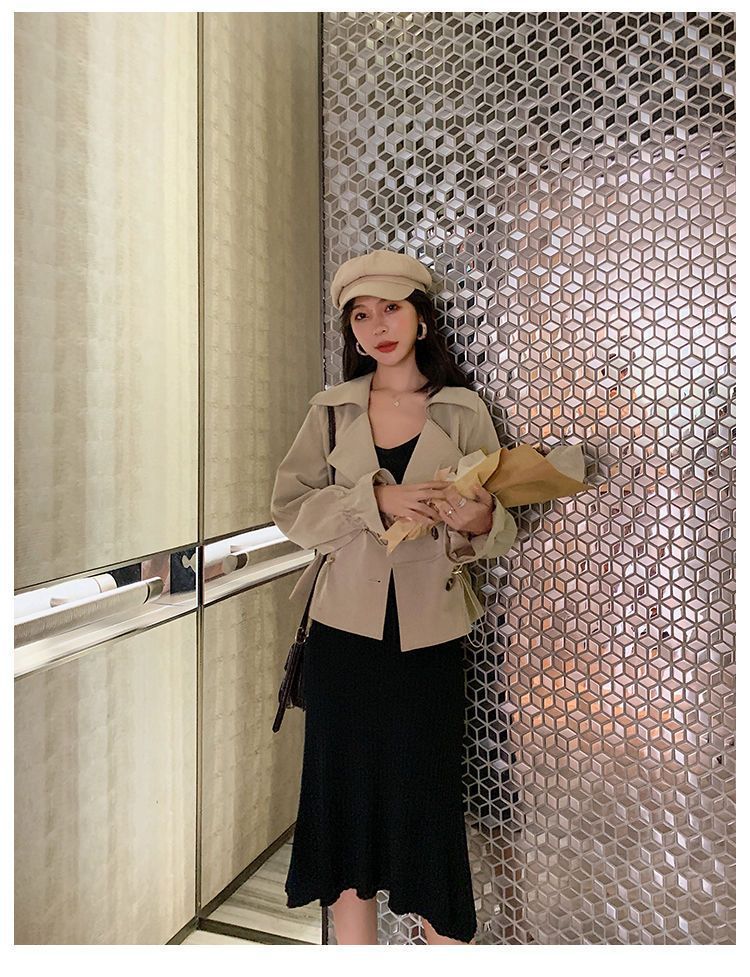 Women's Blazer Jacket Oversized Casual Spring Autumn Short Trench Coat With Waist Tie Petite-Friendly Workwear_voghion.com