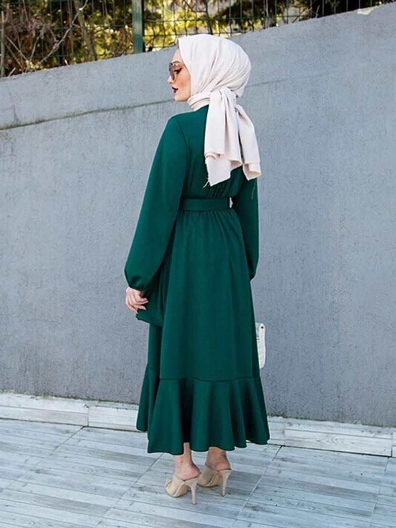 2207 # Türkiye Langes muslimisches Tunikakleid mit zwei Lagen Rüschen für Damen_voghion.com
