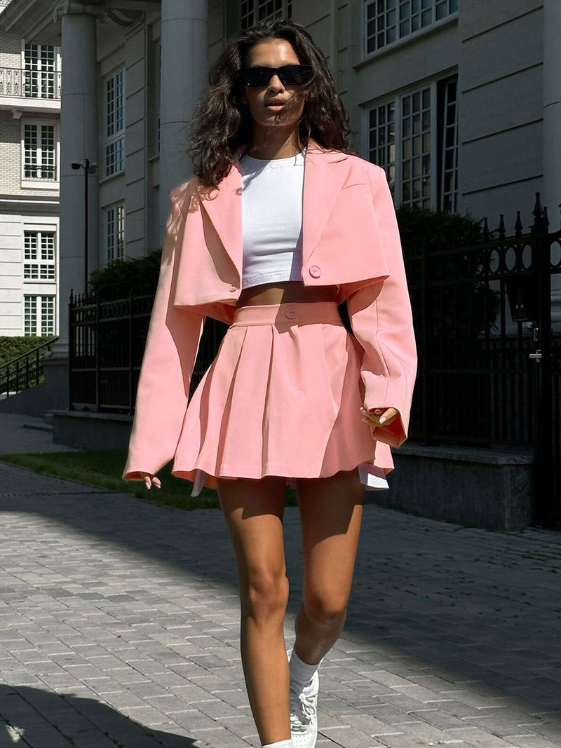 Women's Blazer And Mini Skirt Set - European American Style, 2025 Y2K Aesthetic, Structured Shoulder, Lapel Collar Blazer + Mini Skirt Suit_voghion.com