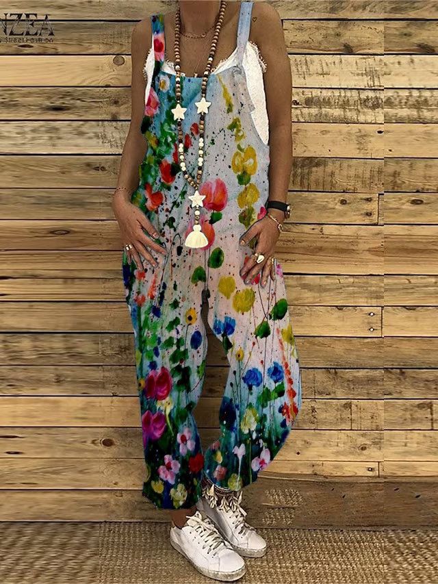 Women's Clothing Women's Cotton Linen Jumpsuit With Floral Print - Sweet Vintage Style Summer Romper, Sleeveless Overalls In 17 Boho Patterns (S-5XL)_voghion.com
