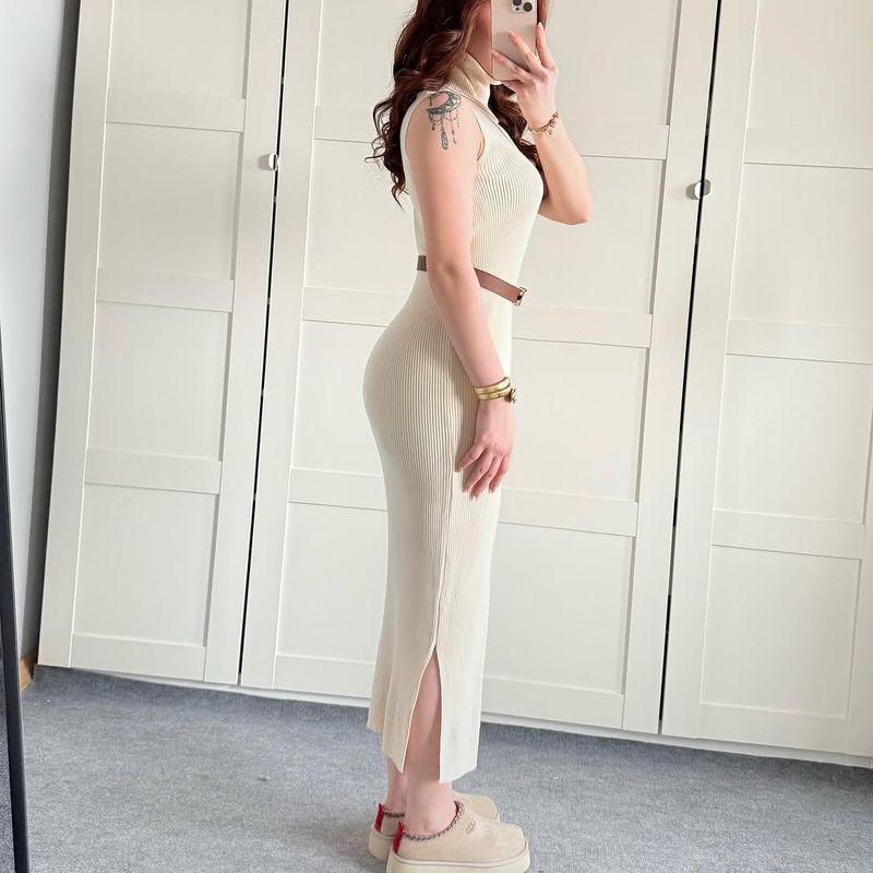 Abbigliamento da donna Elegante abito in maglia aderente con collo alto e cardigan per donna - Completo dolcevita a maniche lunghe per autunno inverno in marrone e beige_voghion.com