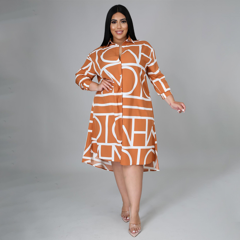 Damen bedrucktes Hemd mit plissierter Taille und Kleid in Übergröße für Damen_voghion.com