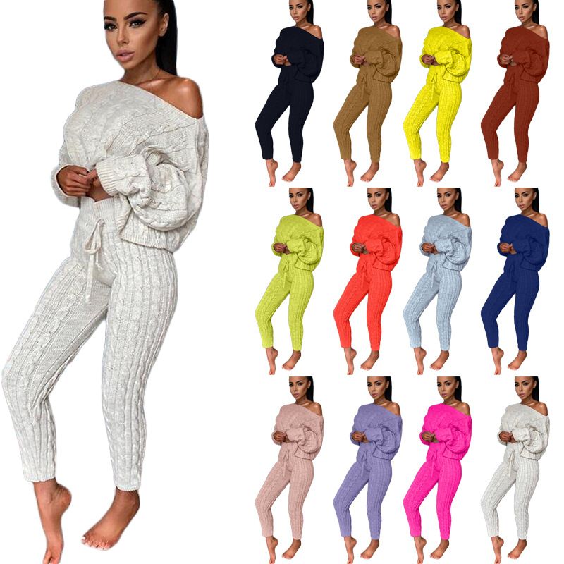 Women's fashion set crew-neck wool-knitted trousers long-sleeved set sweater_voghion.com