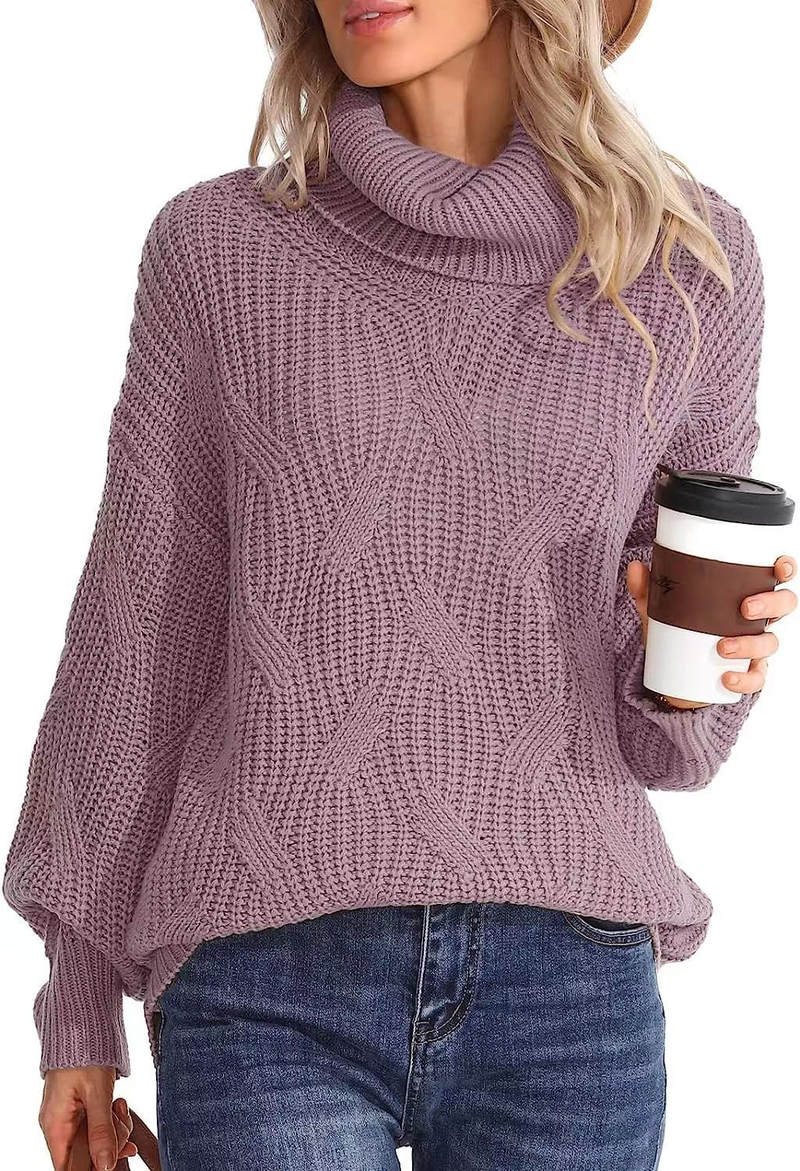 Pull tricoté à col roulé et manches longues pour femme, ample, à la mode_voghion.com