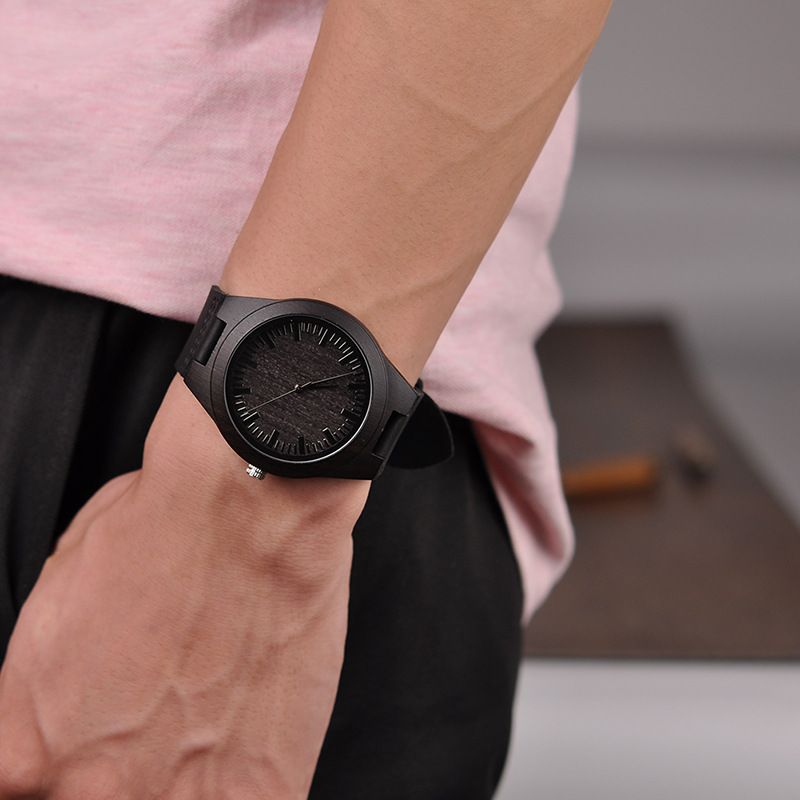 2025 Leather Strap Natural Ebony Men's Quartz Watch_voghion.com