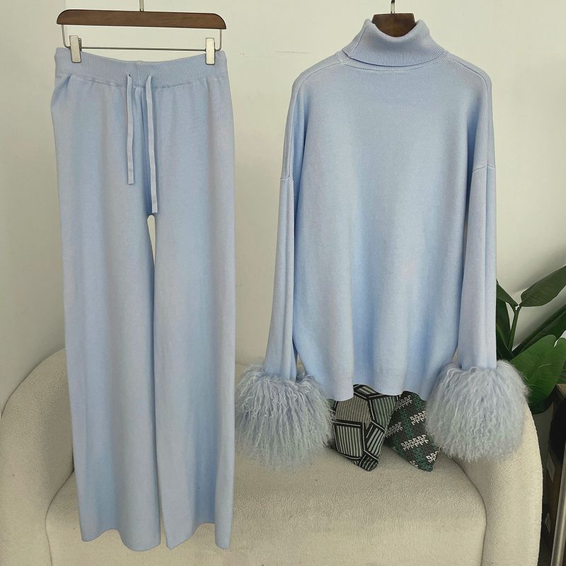 Ensemble en tricot avec poignets en fourrure de renard pour femme – Pull ample à col montant et pantalon large pour l'automne/hiver_voghion.com