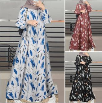 Abbigliamento da donna Elegante abito a maniche lunghe con stampa floreale per donna musulmana - Abito lungo a trapezio modesto con scollo rotondo e maniche a sbuffo - Disponibile_voghion.com