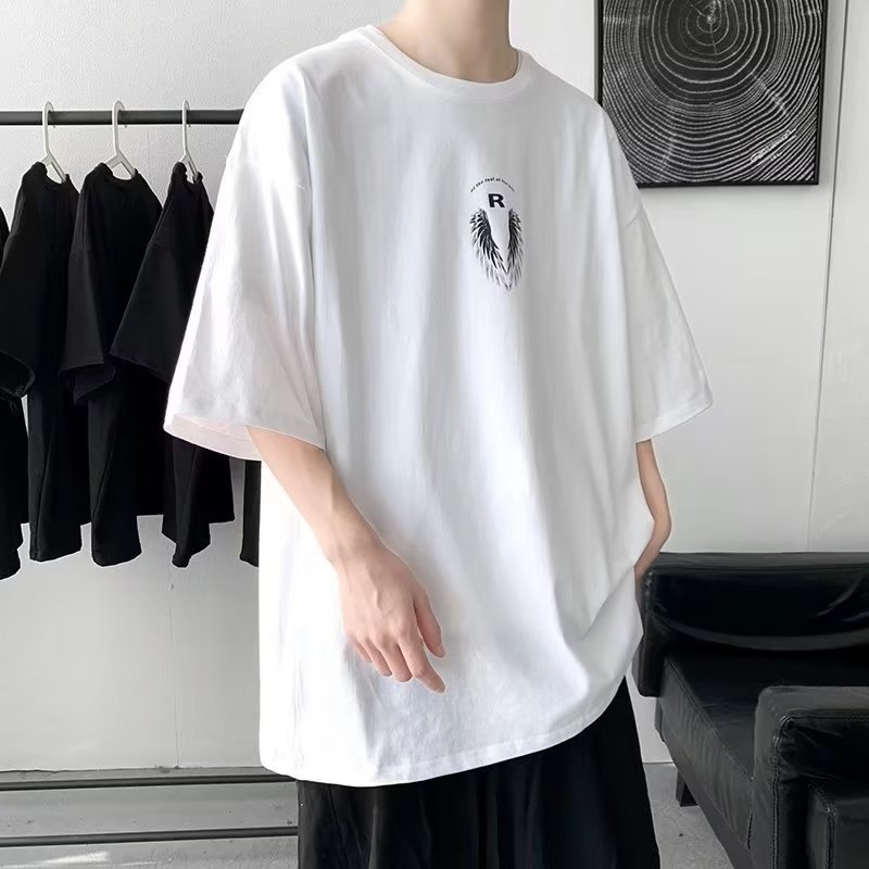 Marchio di abbigliamento alla moda maschile, taglie grandi, con stampa di lettere e ali, girocollo, manica corta, semplice, da uomo._voghion.com