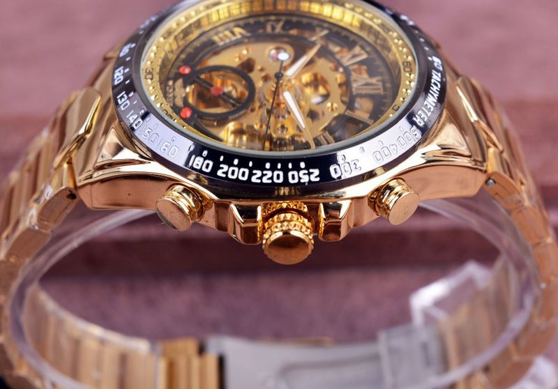 Men's Premium Gold-Toned Skeleton Automatic Mechanical Watch With Stainless Steel Band - 44mm Round Dial, Mineral Glass, Fold-Over Clasp Mechanical_voghion.com