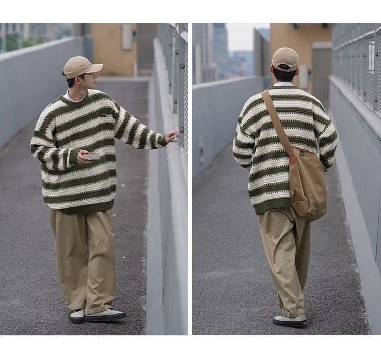 Japanese striped men's winter trend loose fitting pullover long sleeved knitted lazy style thick woolen sweater jacket_voghion.com
