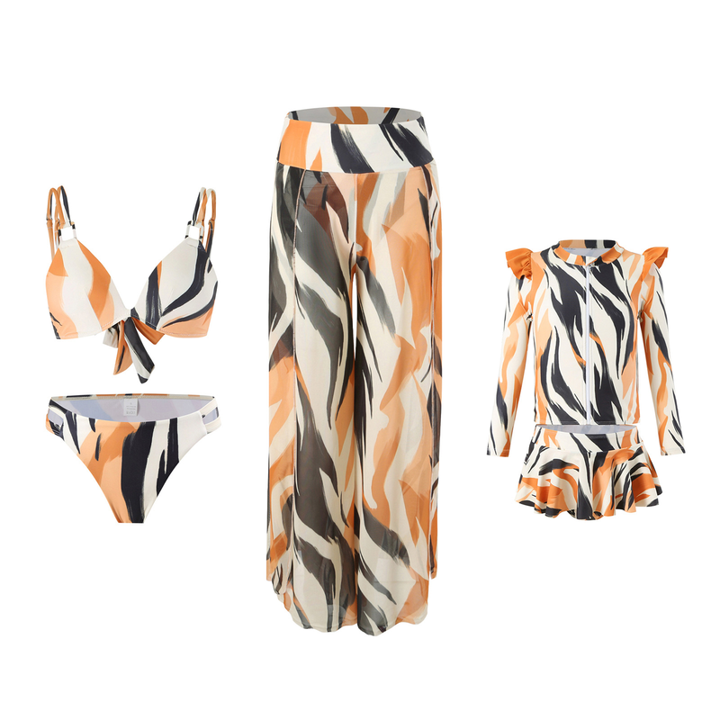 Mother&Kids swimwear Bikini three-piece mesh print pant swimwear_voghion.com