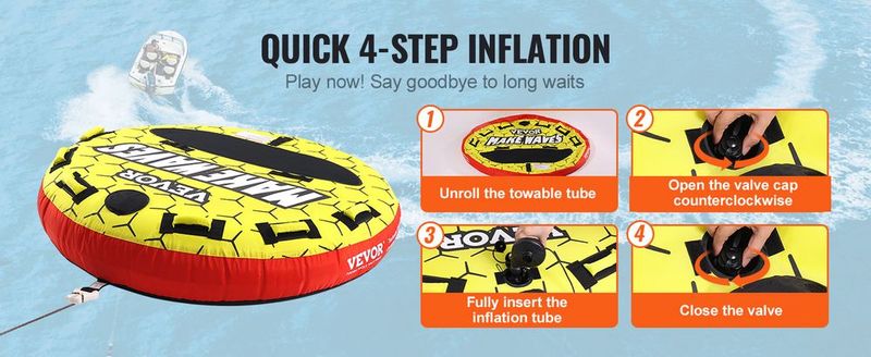 VEVOR Towable Tube For Boating, 1-3 Riders Inflatable Boat Tubes And Towables, 510 Lbs, 63" Round Water Sport Towable Tubes For Boats To Pull, Full Nylon Cover, EVA Grab Handles And Speed Safety Valve_voghion.com