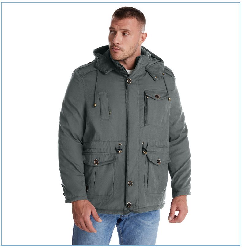 Men's Plus Size Shearling Hooded Cotton Jacket Thickened Multi-Pocket Cotton Top Casual Mid-Length Coat_voghion.com