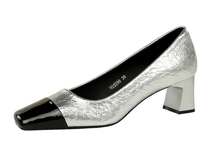 Patchwork Pendlerschuhe mit hohem Absatz, mittlerem Absatz, klobiger quadratischer Zehenpartie und schlichten Schuhen_voghion.com