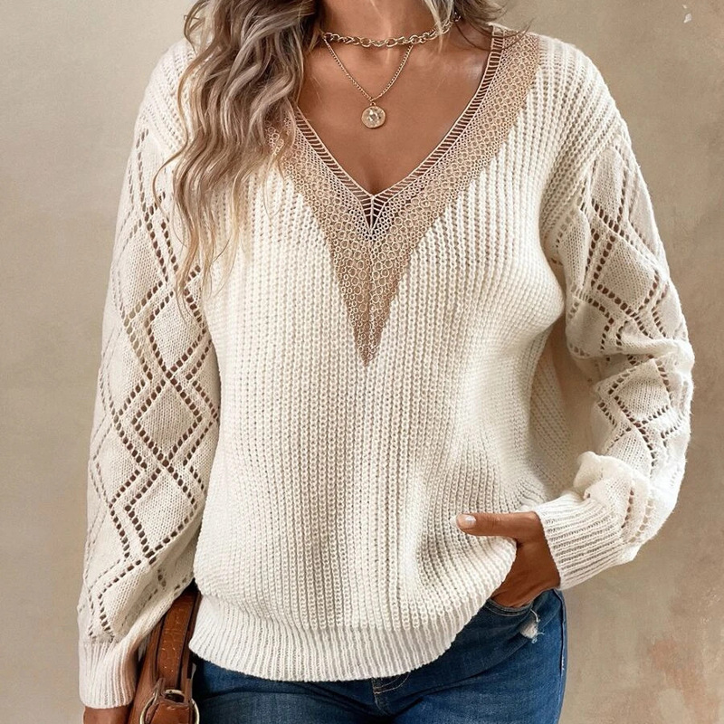 Chandails pour femmes printemps et automne pulls à col en v pull décontracté ample_voghion.com