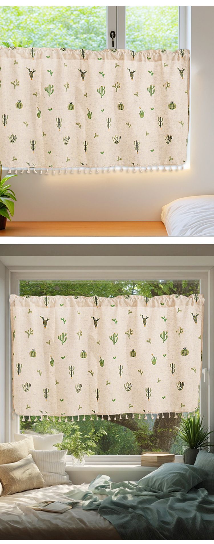 Türvorhang mit Kaktus-Stickerei – Boho-Chic-Stoffvolant für Küche, Bad und Schlafzimmer, leichter Sichtschutz im Leinen-Look, 3 Größen_voghion.com