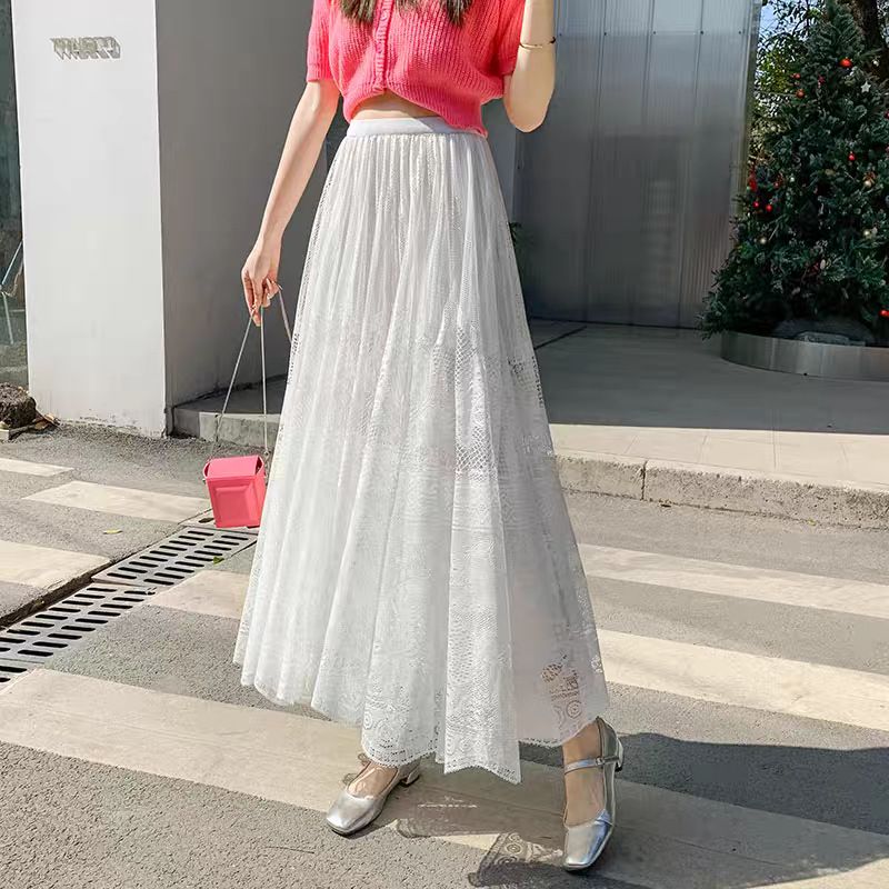 Elegante gonna midi in pizzo con ricamo floreale, gonna fluida a trapezio con orlo a strati in chiffon, perfetta per il guardaroba primaverile-estivo (nero/bianco/beige)_voghion.com