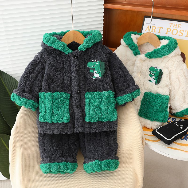 Otoño e invierno para niños con pijamas con capucha de lana, conjunto de manga larga, ropa cálida para el hogar para bebés, dos conjuntos_voghion.com
