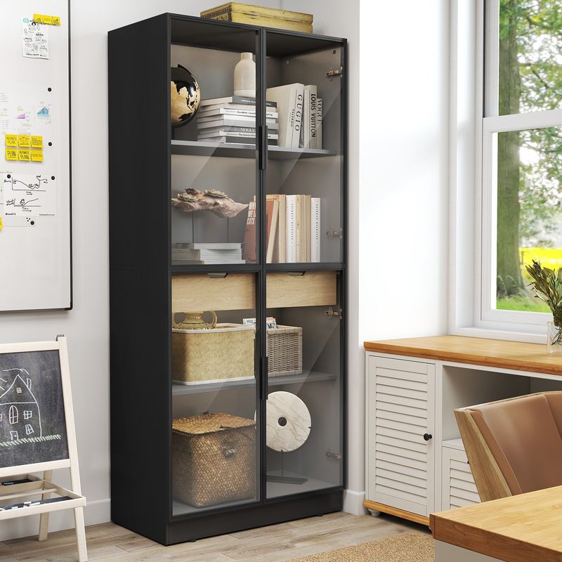 Display Cabinet With Glass Doors, Tall Storage Cabinet With 3 Color Lights, Curio Display Case With 4-Tier Storage Shelves And Drawer For Collectibles, Living Room, Home Office_voghion.com
