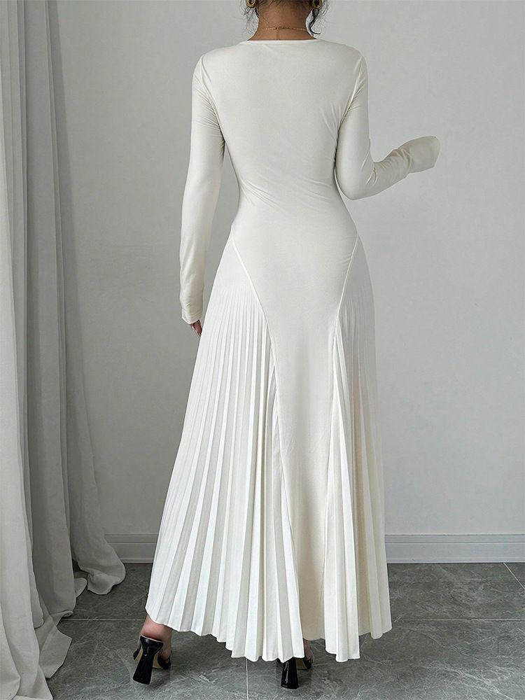Nuovo abito plissettato a maniche lunghe lavorato a maglia, gonna lunga, elegante, sottile, versatile, alla moda_voghion.com