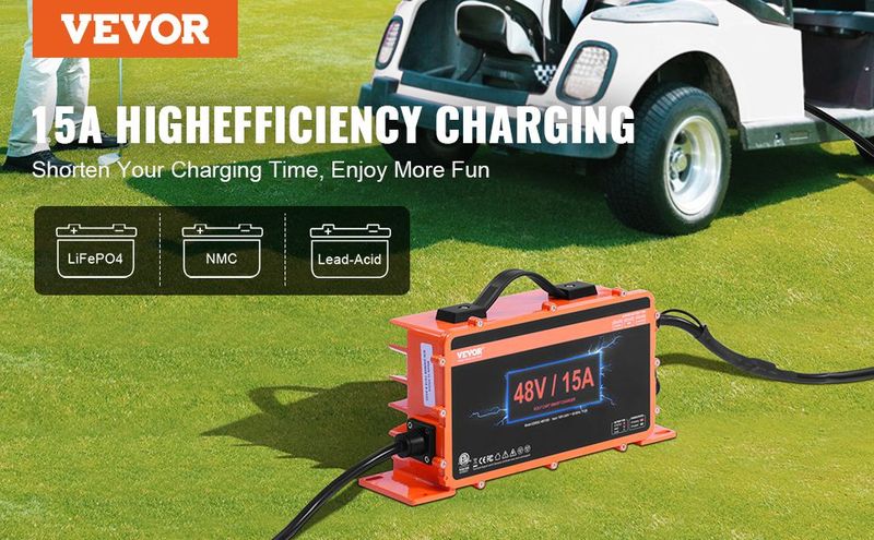 VEVOR 48 Volt Golf Cart Battery Charger, 15 AMP, Smart Battery Charger With RXV Plug, Compatible With Lead-Acid AGM/GEL/EFB MF Flooded NMC LiFePO4 Batteries For EZGO TXT, IP67 Waterproof ETL Certified_voghion.com