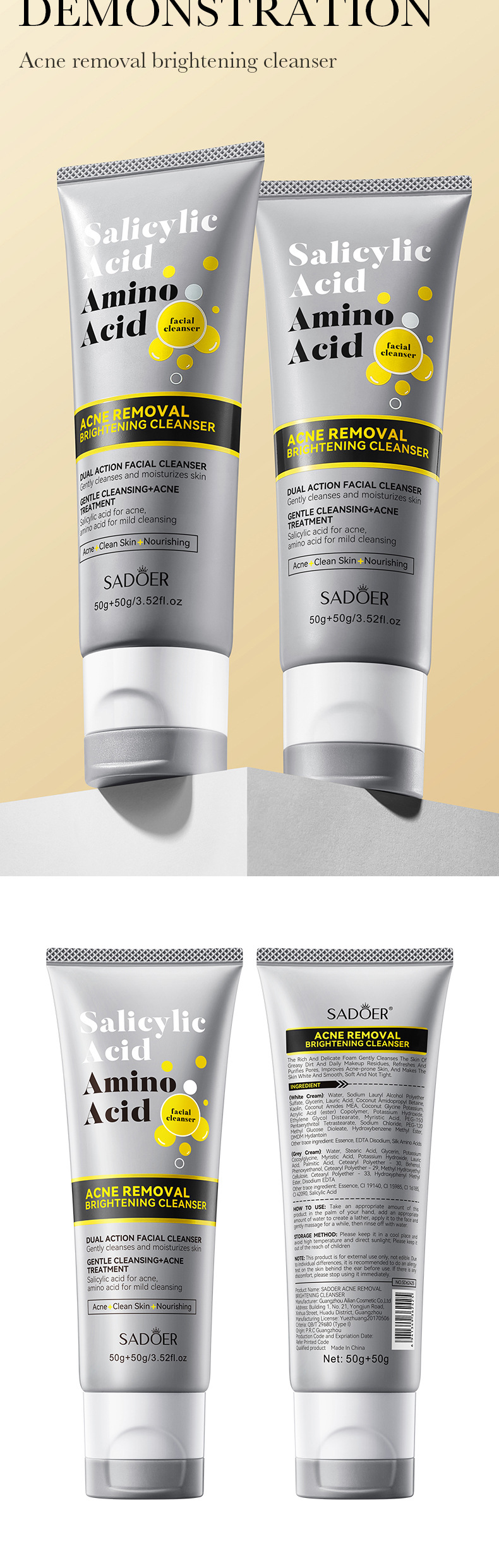 Detergente viso completo in inglese SADOER Detergente viso a doppio effetto con aminoacidi salicilici_voghion.com