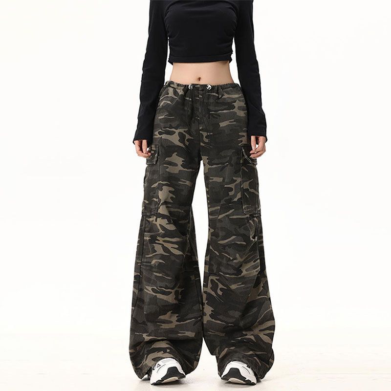 Pantaloni cargo funzionali da paracadutista mimetici americani unisex, larghi, dritti, con coulisse e elastico in vita, lunghi_voghion.com