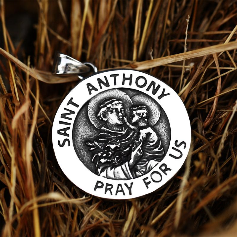 Jesus St Saint Anthony Medal Medallion Pendant Necklace Stainless Steel Punk Retro Vintage Cool Father's Day Dad Gift_voghion.com