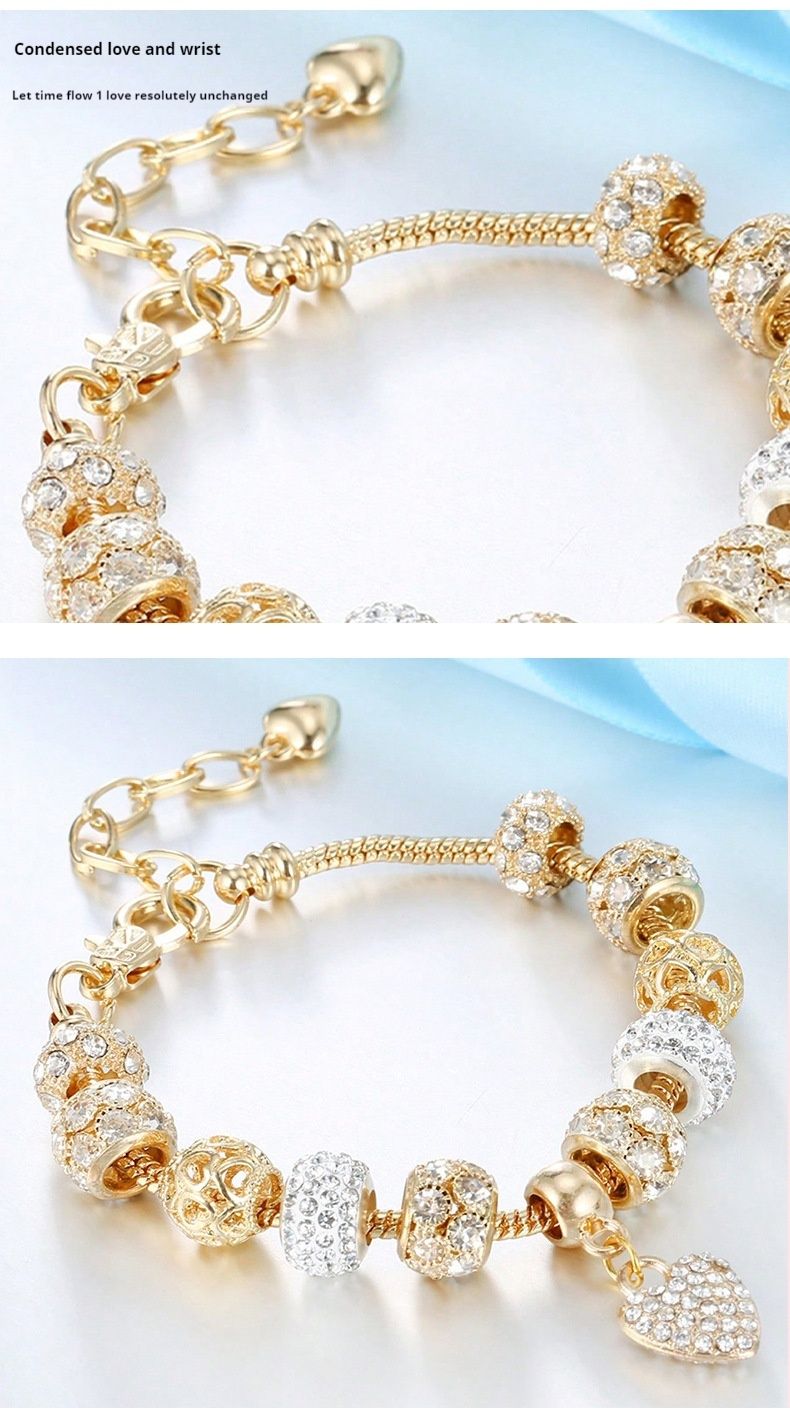 Family Live Broadcast Full Of Diamond Love Gold Snowflake Zircon Barrel Bead Bracelet_voghion.com