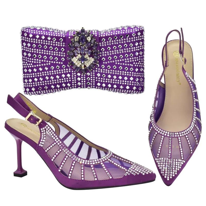Sandali con tacco a spillo incastonati di diamanti con set di borse da cena Borsa da sera con strass dal design elegante_voghion.com