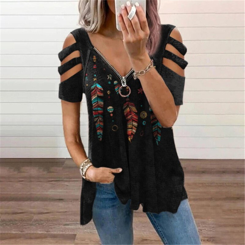 Nuova camicetta estiva da donna con spalle scoperte, stampa leopardata, cerniera, scollo a V, casual, ampia, primaverile, sexy, nuova camicetta da donna_voghion.com